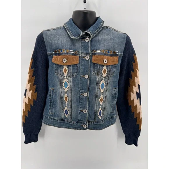 Scully Honey Creek Aztec Embroidered Denim Jacket Knit‎ Sleeve Western Small S - Picture 2 of 5